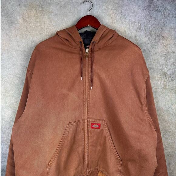 Vintage 90s Dickies Work Jacket Mens 2XL Hooded Quilted Lined Tan Brown Full Zip - Picture 2 of 9